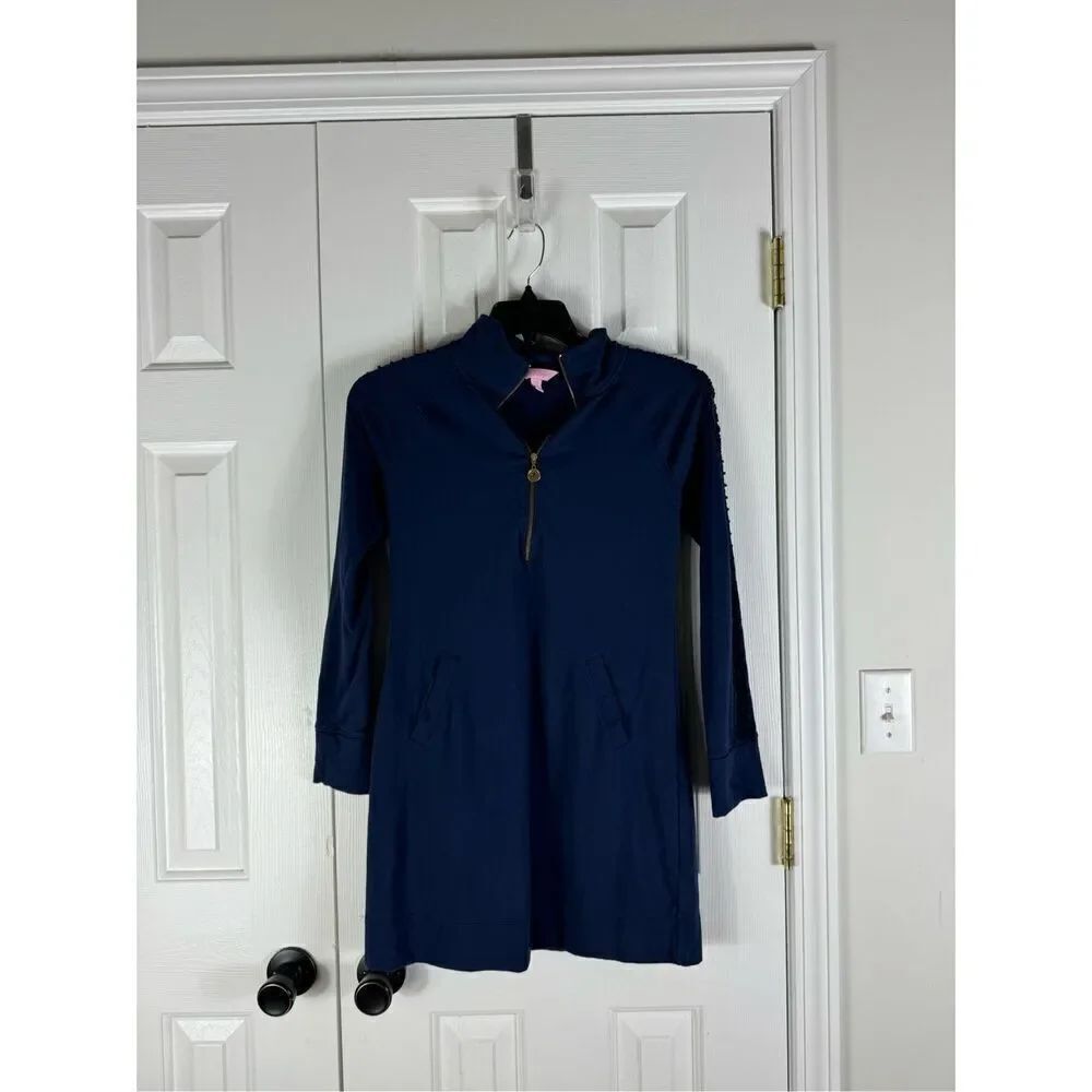 Lilly Pulitzer Skipper Popover Womens 1/4 Zip Lace Sleefe Navy Dress Size XS